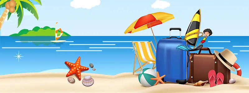 海边度假卡通童趣扁平蓝色背景
