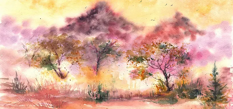 水彩手绘粉红桃花林