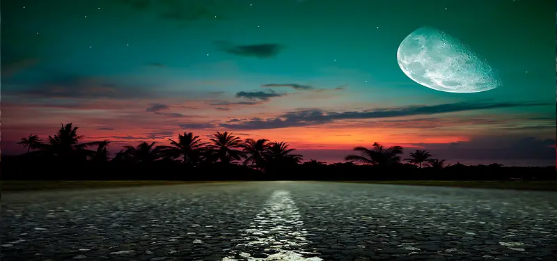 星空的月亮云彩与石头路