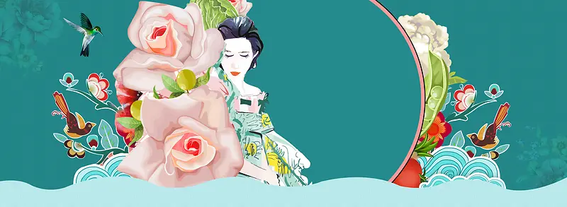 美妆节文艺花卉复古中国风蓝banner