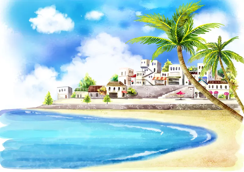 手绘海景房椰树背景