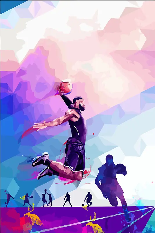 紫色水彩风春季运动会篮球运动员剪影背景