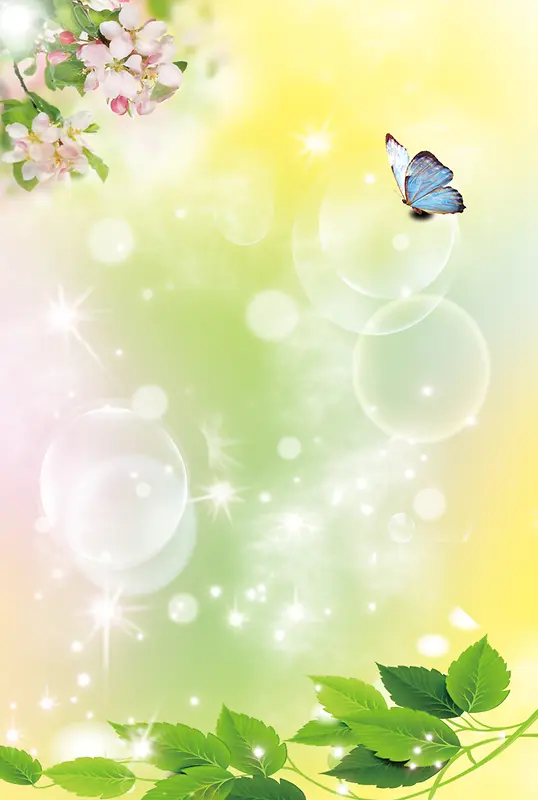 清新绿色自然花卉蝴蝶海报背景图