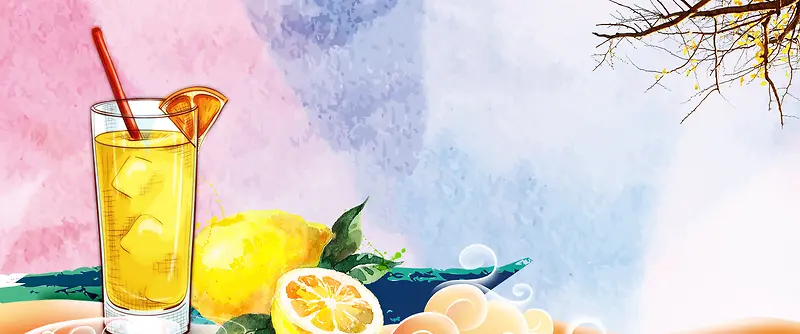 盛夏柠檬汁手绘水彩背景