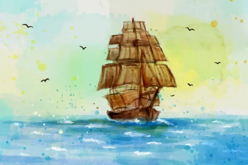 水彩手绘卡通帆船航海海报背景素材
