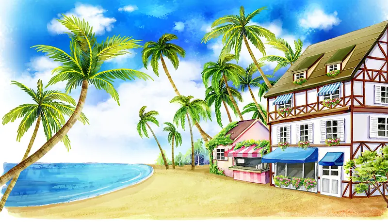 手绘幼儿园插画沙滩棕榈旅店
