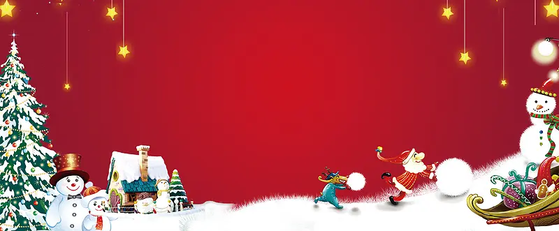 圣诞节堆雪人卡通简约红色banner