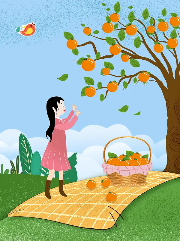 卡通手绘女孩摘橘子海报