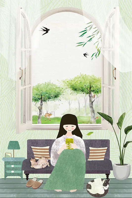 浅绿色手绘女孩房间春天背景