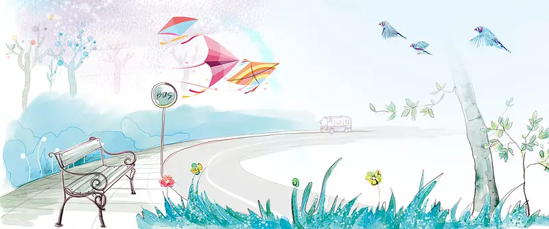 春天梦幻手绘蓝色banner背景