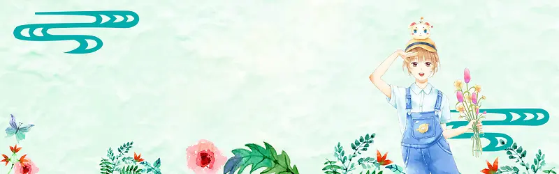 37女生节手绘花朵几何绿banner