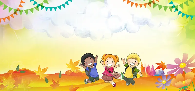 61儿童节庆祝彩旗卡通童趣黄色背景
