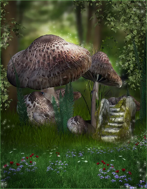 魔幻绿色森林蘑菇背景