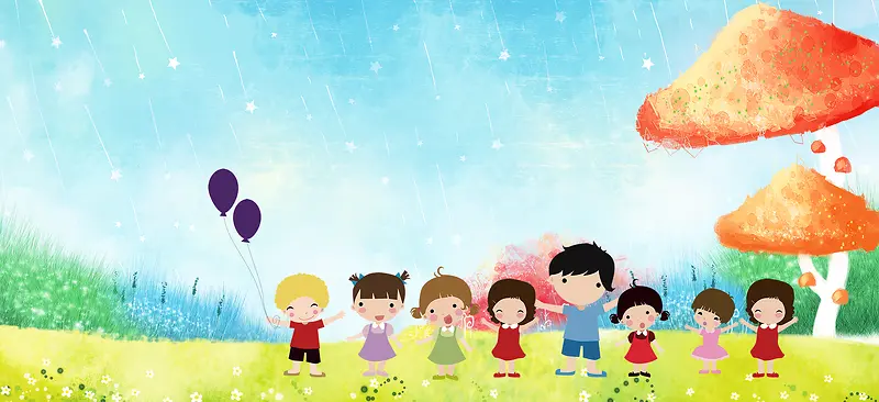 61儿童节卡通蘑菇游乐蓝天背景