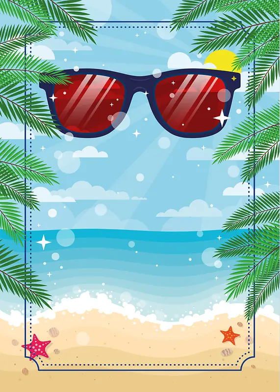 卡通手绘夏季上新棕榈叶海滩度假背景素材