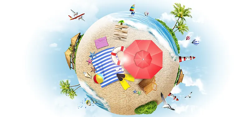 淘宝旅行地球创意沙滩海边树木飞机雨伞海报