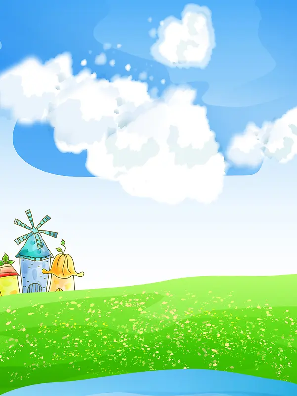 蓝天白云草地绿地房屋手绘背景素材