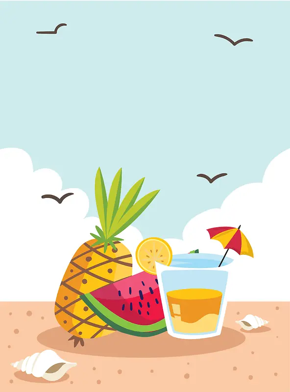 卡通扁平手绘夏季清凉促销水果甜品背景素材