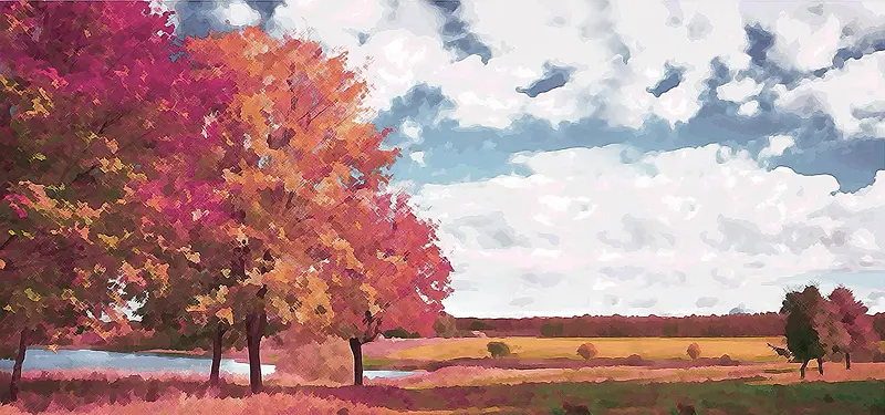 手绘秋天景色 树木 天空云彩背景