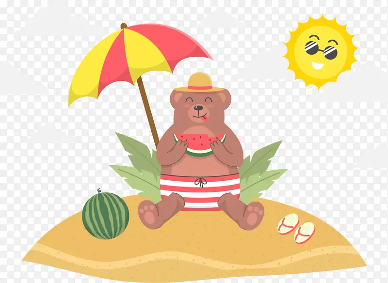 夏天坐在沙滩度假晒太阳的熊