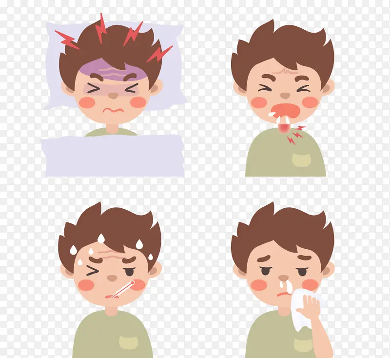 流感感冒咳嗽发烧生病的孩子男孩性格插图
