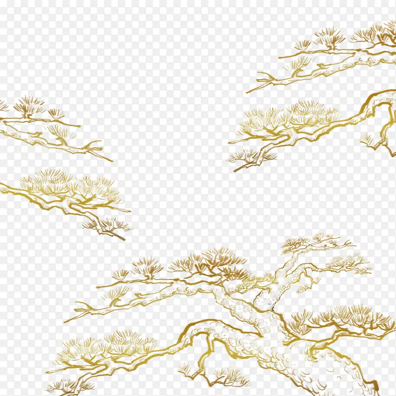 金色植物松树卡通金箔中国风国潮元素
