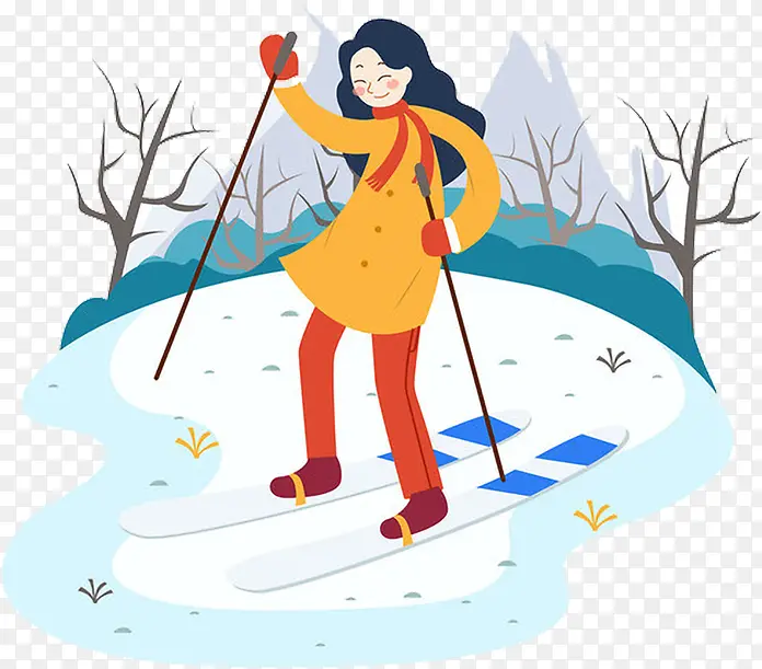 卡通冬天滑雪小女孩