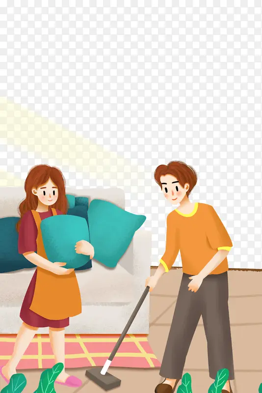 手绘情侣打扫元素图
