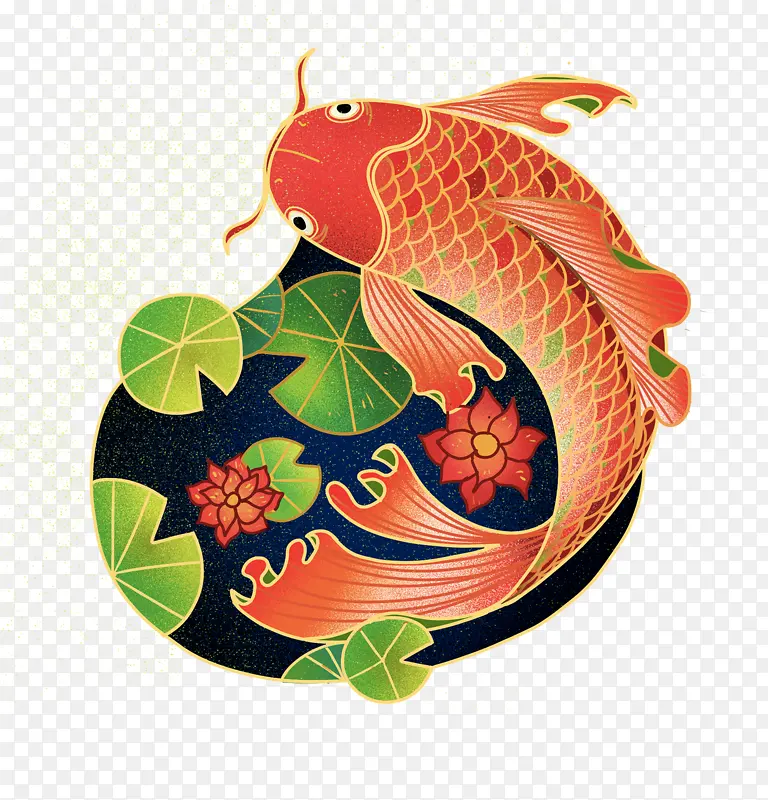 中国风国潮鲤鱼荷花池塘年年有鱼插画元素