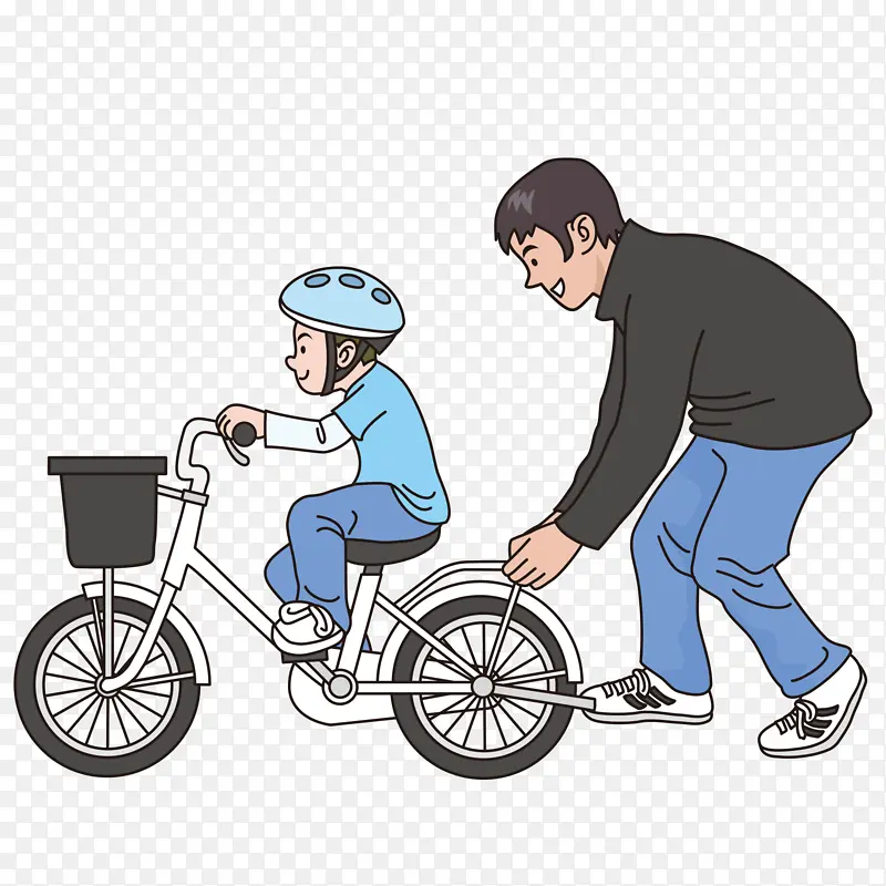 手绘动漫父子卡通爸爸教儿子骑自行车