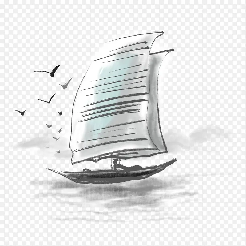 中国风手绘水墨海鸥带帆小船透明素材