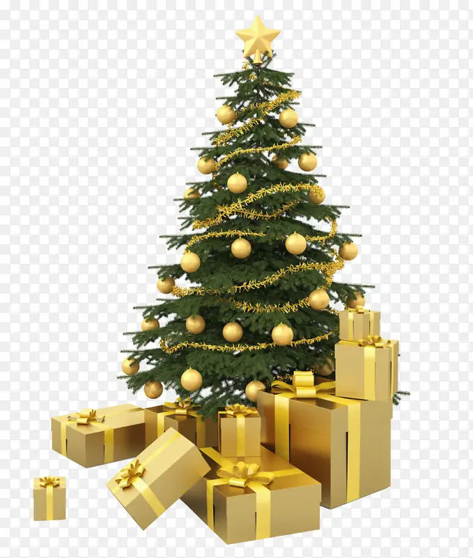 金色圣诞树装饰礼盒元素