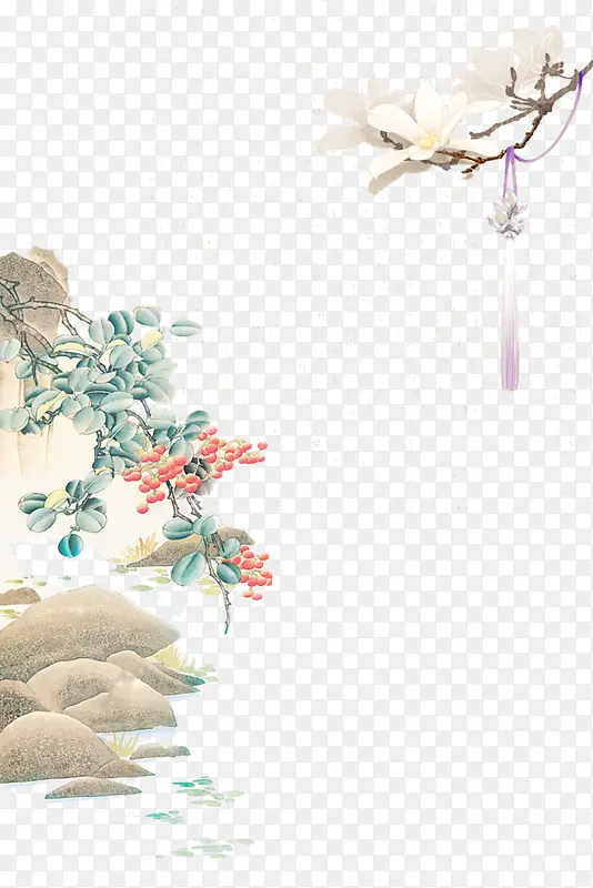 古风树枝花朵水石头PNG图片素材下载_图片编号yrggabwb-免抠素材网