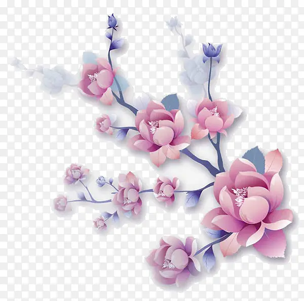 粉色手绘花朵树枝。