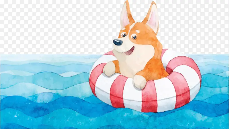 水彩手绘卡通游泳的狗