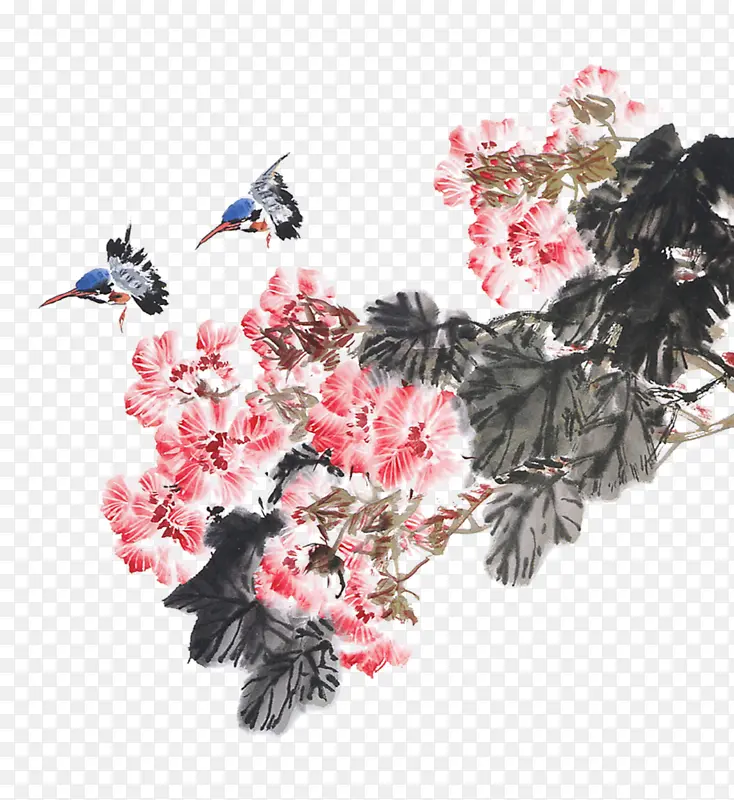 水墨花朵装饰鸟类元素