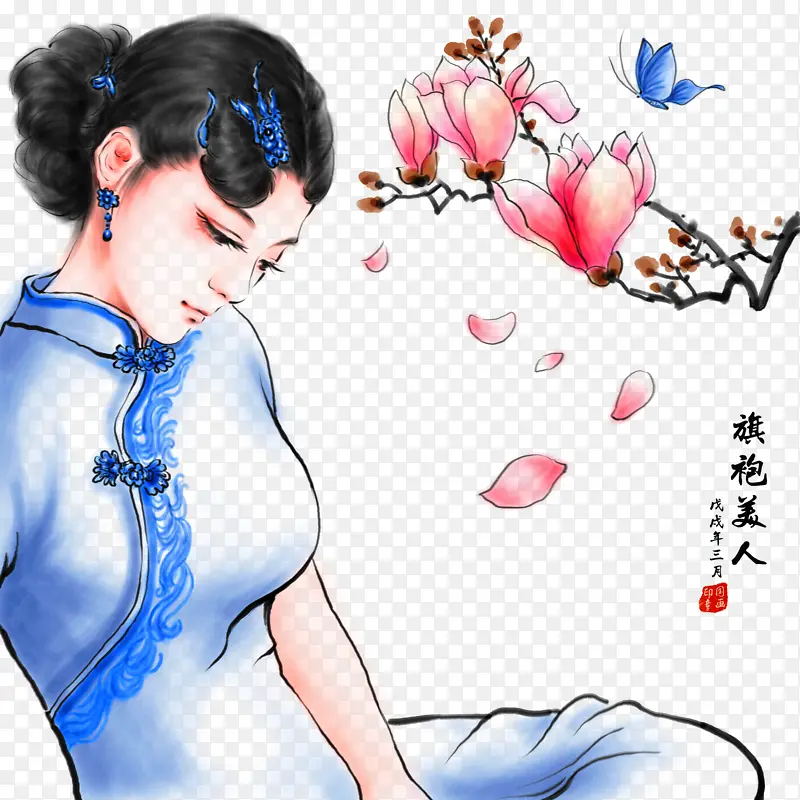 旗袍美女中国风蝴蝶桃花