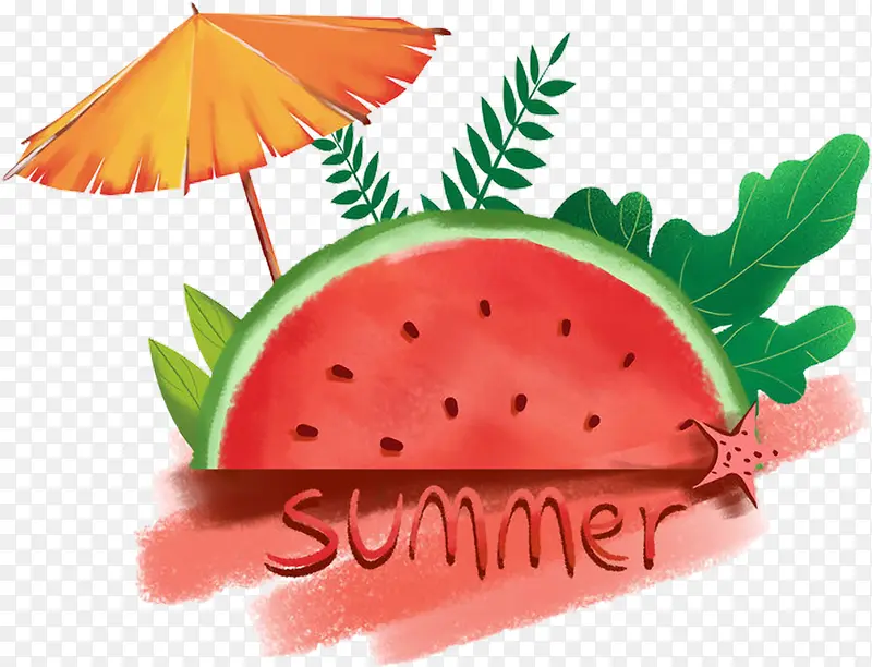 夏至红色的西瓜与太阳伞