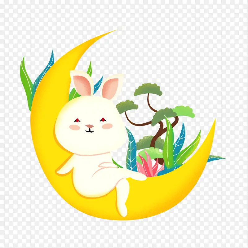 手绘中秋节坐在月亮上的可爱兔子元素设计