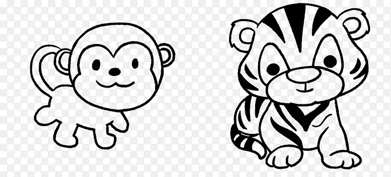 卡通 黑白 线稿 老虎-猴子