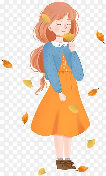 秋天小女孩和秋天树叶组合