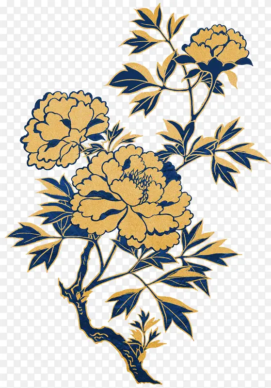 中式金色描边蓝色花叶子