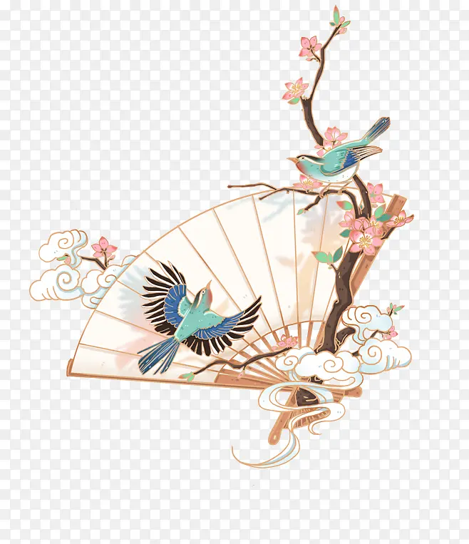 中国风水彩扇子鸟元素