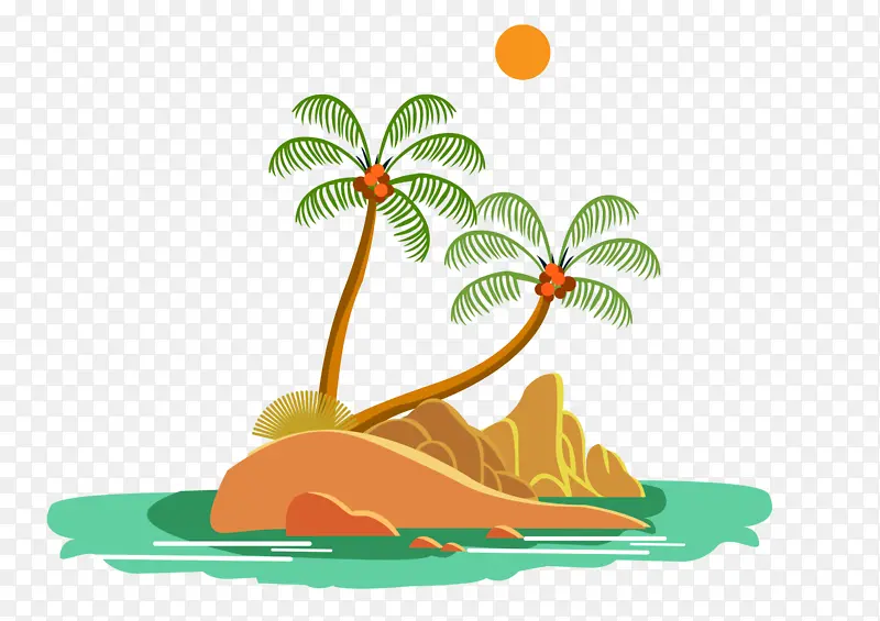 手绘，夏日海边，椰子树场景