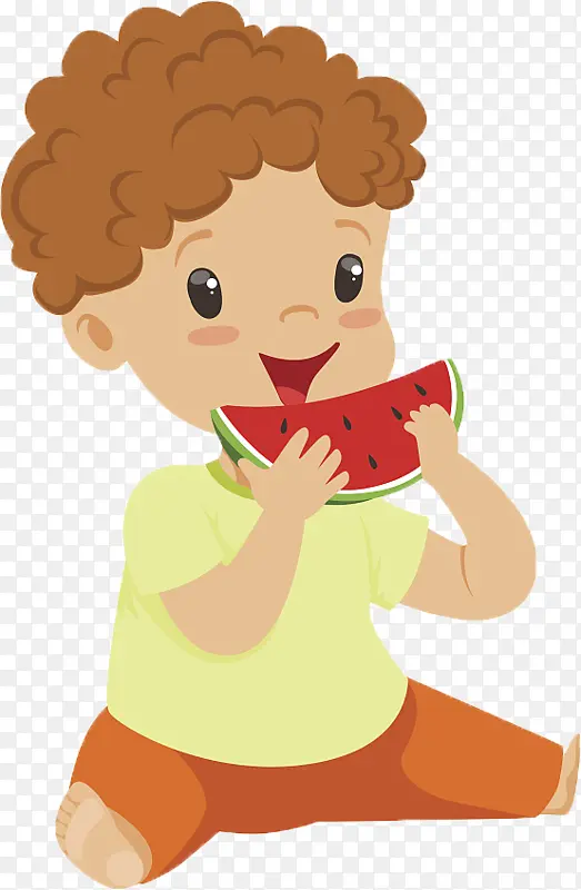 卡通小孩子吃西瓜