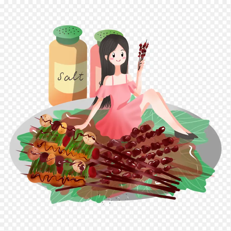 夏季烧烤啤酒女孩插画