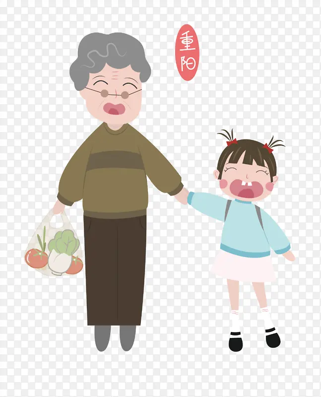卡通重阳节回家和奶奶一起买菜