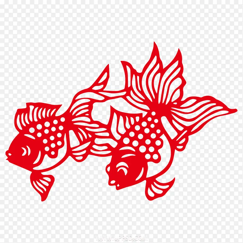 春节红纸剪影两条鱼
