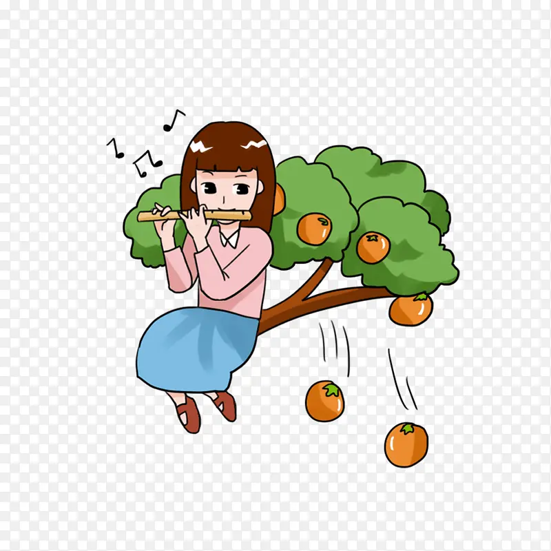 坐在果实成熟的树上吹笛子的小女孩