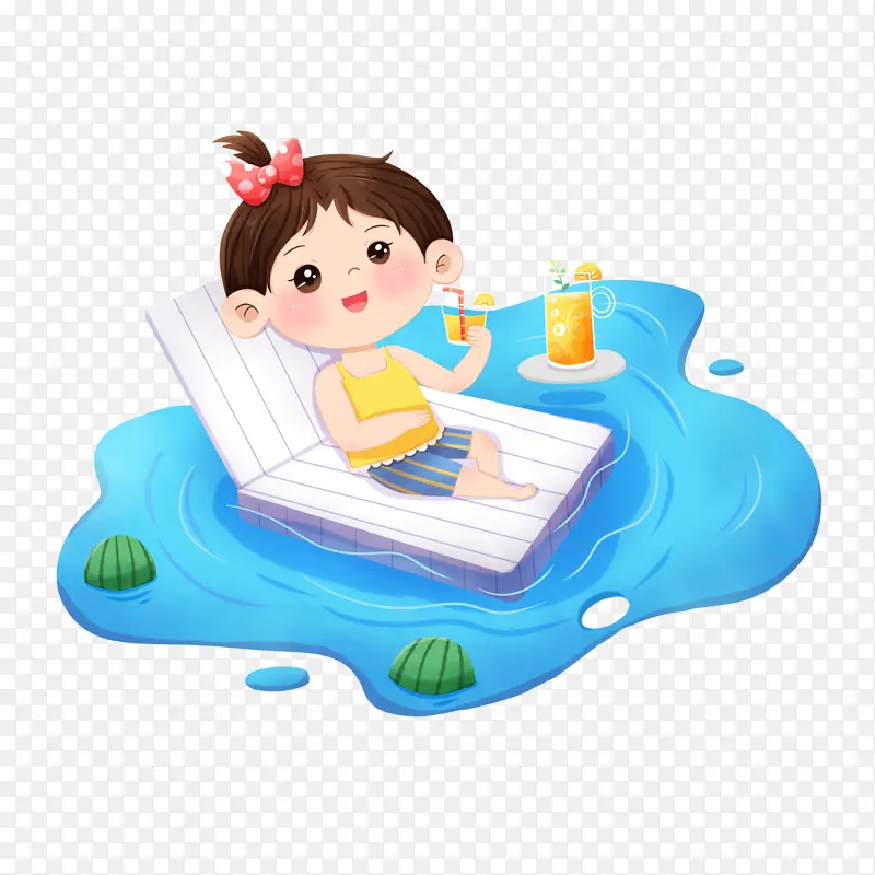 女孩在泳池里喝冷饮元素图